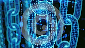 Glowing blue chain of binary links symbolizes data connection or blockchain tech. Dark backdrop. Ai Generated