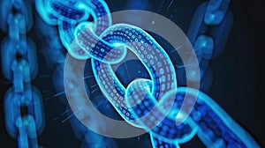 Glowing blue chain of binary links symbolizes data connection or blockchain tech. Dark backdrop. Ai Generated