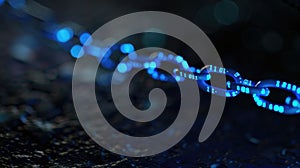 Glowing blue chain of binary links symbolizes data connection or blockchain tech. Dark backdrop. Ai Generated