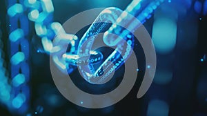 Glowing blue chain of binary links symbolizes data connection or blockchain tech. Dark backdrop. Ai Generated