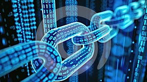 Glowing blue chain of binary links symbolizes data connection or blockchain tech. Dark backdrop. Ai Generated