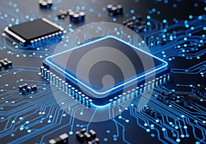 Glowing blue circuit board with central microprocessor