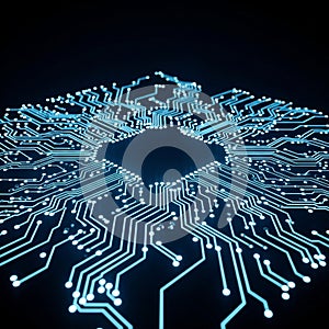 A glowing blue circuit pattern is depicted on a dark background, resembling interconnected pathways