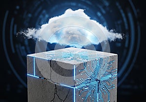 Glowing blue circuit patterns on its surface, suggesting technology