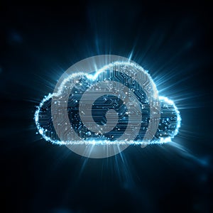 Glowing Blue Cloud Computing Icon With Digital Circuit Technology