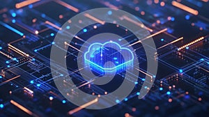 Glowing Blue Cloud Computing Network on Circuit Board