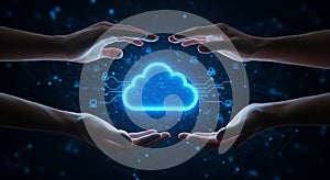 Glowing Blue Cloud Computing Symbol Held by Hands on Network Background