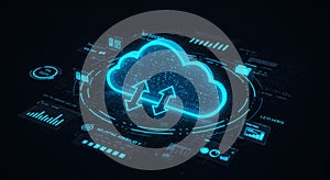 A glowing blue cloud icon is centered, surrounded by digital elements on a dark