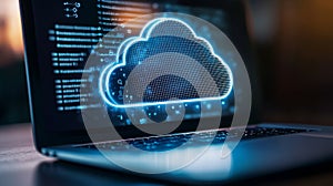 Close up of glowing blue cloud icon on laptop screen concept of cloud computing data storage network technology