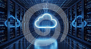 Glowing blue cloud icon symbolizing cloud computing services in a modern data center with server racks