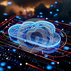 Glowing blue cloud symbol above circuit board, symbolizing cloud computing and data storage.