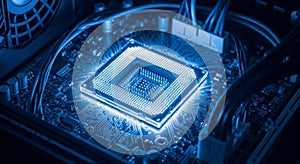 Glowing Blue Computer CPU Processor on a Circuit Board with Cables microchip technology