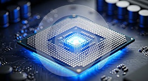 Glowing Blue CPU Microprocessor on a Circuit Board microchip computer