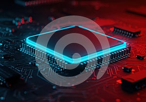 Glowing blue cpu on a red and black circuit board close up