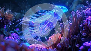 A glowing blue creature with iridescent scales floats gracefully above a of coral heads each one providing a home to a