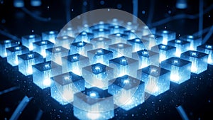 Glowing Blue Cubes Array Grid, Futuristic Technology Concept, Data Center, AI Network