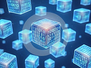 Glowing blue cubes with binary code on dark background blockchain technology