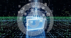 Glowing Blue Data Folder Transferring Digital Files on Network