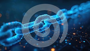 Glowing blue digital chain appears on dark background. Represents tech, network connection, data security. Futuristic background