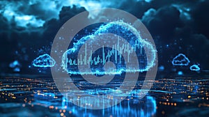 Glowing Blue Digital Cloud Data Visualization over Cityscape at Night