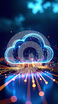 Glowing Blue Digital Cloud Symbol Connected to Data Streams and Circuits