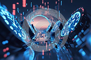 neon time tunnel with digital clocks and data