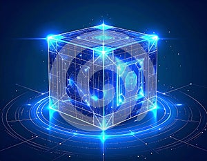 Glowing blue digital cube over circuit grid