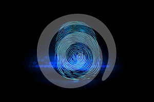 glowing blue digital fingerprint on dark background