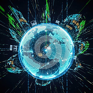 Futuristic digital globe with data streams and network connections