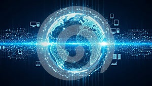 Glowing blue digital globe network with data streams and binary code representing global technology and connectivity
