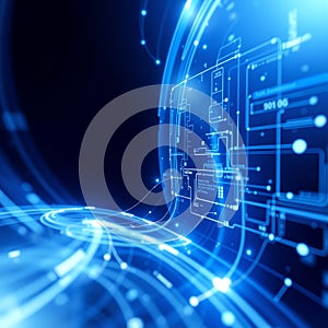 Futuristic Blue Digital Circuit Board Interface with Glowing Light Trails and Technology Grid Background, AI-Generated