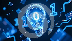 Glowing Blue Digital Lightbulb with Binary Code