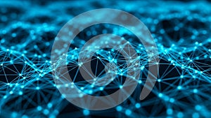 Glowing blue digital network of interconnected nodes and lines creating a futuristic abstract data visualization