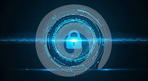 Glowing blue digital padlock with binary code and circular interface digital security data