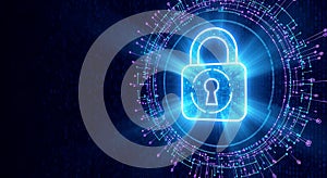 Glowing blue digital padlock symbolizing cybersecurity and data protection