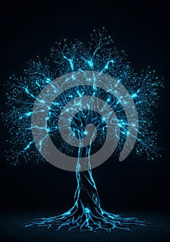 Glowing Blue Digital Tree on Dark Background