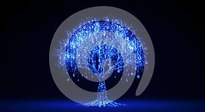 Glowing Blue Digital Tree of Data Binary Code on Dark Background