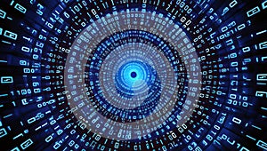 Glowing blue digital tunnel of binary code data flow