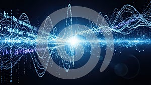 Blue digital waveform with code and network connections abstract