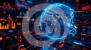 Glowing Blue Earth with Orange Data Streams and Graphs