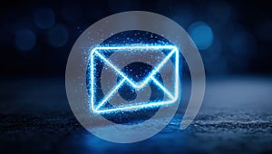 Glowing blue email icon with a digital background. Generative AI.