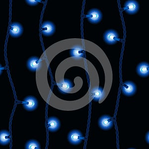Glowing blue festive LED garland, seamless vector pattern