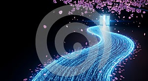 Glowing blue fiber optic path of binary code leads to a server room, symbolizing data flow and succe