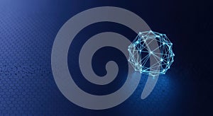 Glowing blue geometric network structure on a dark hexagonal grid background