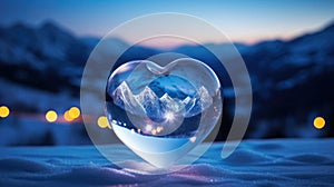 A glowing blue glass heart against the wintry mountain landscape symbolizes warmth and comfort during challenging times