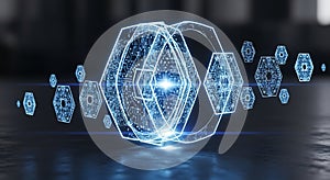Abstract glowing blue hexagons represent technology and futuristic network systems
