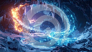Glowing blue ice cave with fire