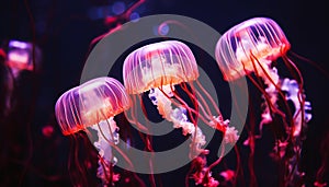 Glowing blue jellyfish swim in a group underwater generated by AI