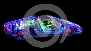 Glowing blue line formation of car 3d model. Motion animation in 3d virtual space. Video Footage with connected dots and