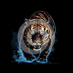 Glowing Blue Line Tiger Tattoo On Black Background